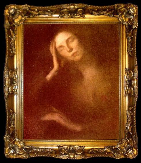 framed  Eugene Carriere Lady Leaning her Elbows on a Table, ta009-2